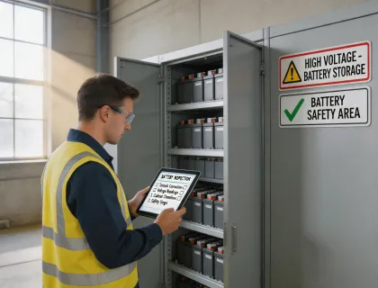 Technician inspecting battery cabinet